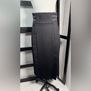 Massimo Dutti Women’s Black Wool Edgy Midi Skirt Leather & Metal Straps Size 4